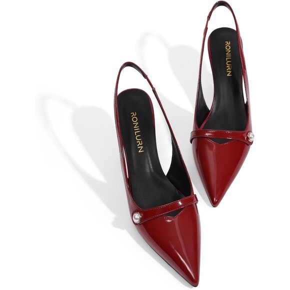 Ronilurn Women Burgundy Kitten Closed Pointed Toe Slingback Low Heel Pumps - Picture 2 of 8